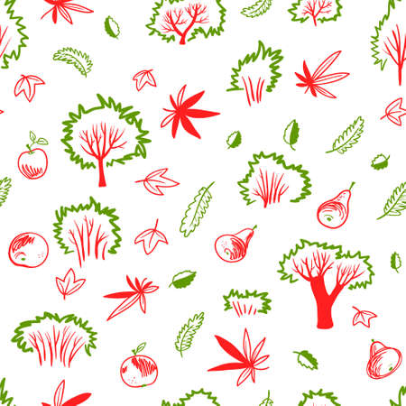 Autumn seamless pattern with trees and plants, falling leaves, bushes, pears and apples in doodle line art minimalistic styleのイラスト素材