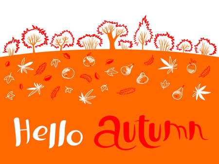 Hello autumn inspirational quote with cute landscape . Design element and lettering for fall season cards, backgrounds and postersのイラスト素材