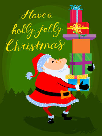 Greeting Christmas card with cute cartoon  Santa Claus with gift boxes on green backgroundのイラスト素材