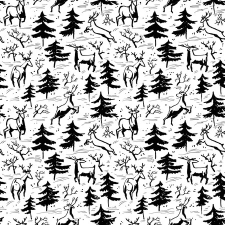 Hand drawn winter seamless pattern with deer and pine trees in doodle incomplete style. Artistic black and white illustration. Design element for christmas wrapping paper, cards and postersのイラスト素材