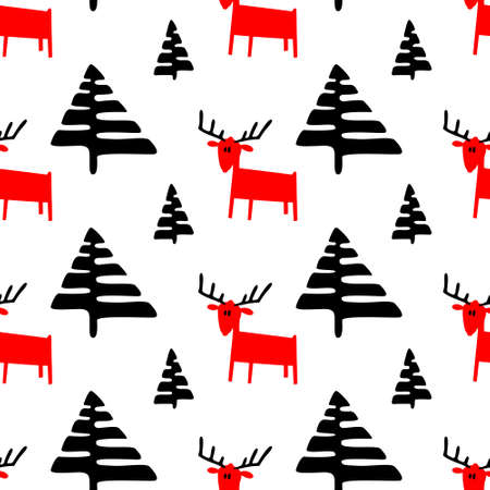 Christmas seamless pattern with deers and pine trees. Vector illustration with cute animals and minimalistic plants in doodle children's style. Winter design element for seasonal backgrounds and textileのイラスト素材