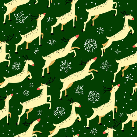 Winter seamless pattern with cute jumping deers on green background with doodle snowflakes. Design element for seasonal posters, backdrops, textile and wrappingのイラスト素材