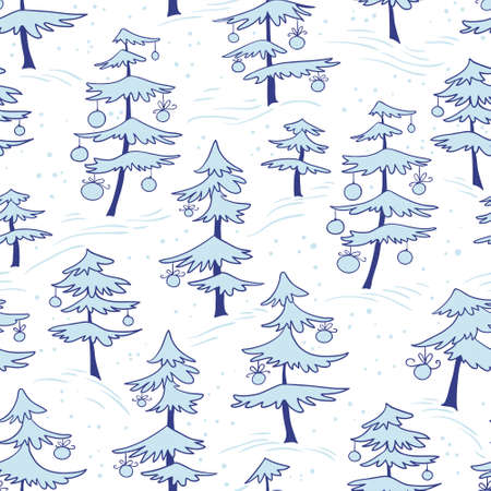 Cute winter seamless pattern  with Christmas tree in doodle style. Many white pine trees with decoration balls. Design element for seasonal posters, backgrounds and textileのイラスト素材