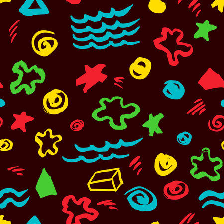 Hand drawn abstract seamless pattern with artistic stars, dots, spirals, geometric elements in ink...