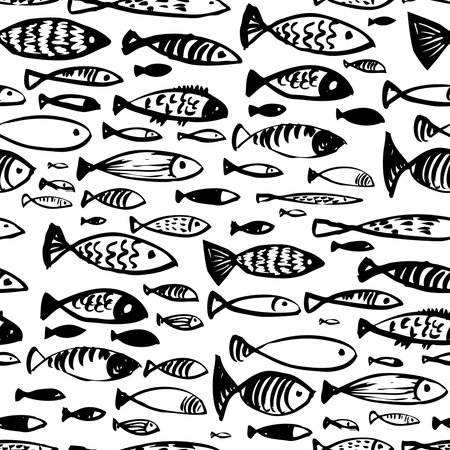 Hand drawn seamless pattern with doodle fishes. Ink illustration of underwater life in artistic incomplete style. Design for textile and wrapping backgroundsのイラスト素材