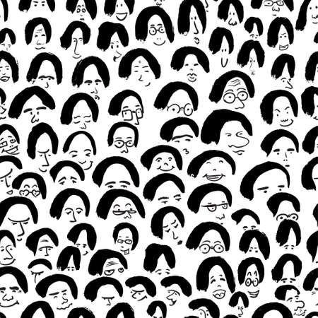 Artistic seamless pattern with crowd of people. Ink drawing simply faces in doodle style. Design for social media, backgrounds and textile or wrapping designのイラスト素材