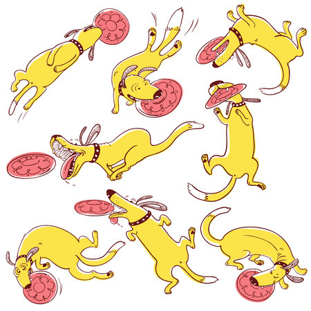 Dog frisbi sport vector set. Doodle cute pets catching and retrieving plastic disk. Cartoon illustration for t-shirts and for dog sport design elementsのイラスト素材
