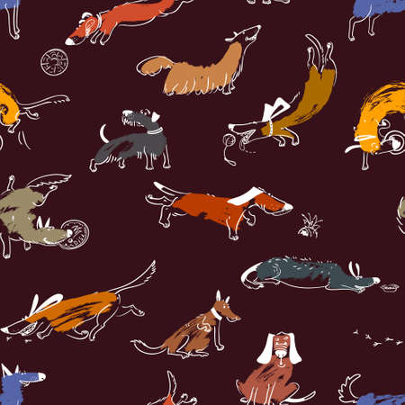 Hand drawn doodle cute dogs. Seamless pattern with plaing pets with disk, freesbee, ball, sniffing, tracking. Artistic canine vector characters. Background with sketchy domestic animalsのイラスト素材