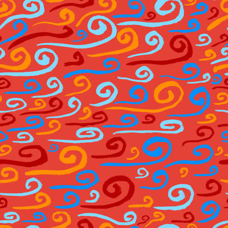 Abstract seamless pattern. Hand drawn artistic ink curves. Red, blue, yellow, pink colors background. Design element for textile and wrapping paperのイラスト素材