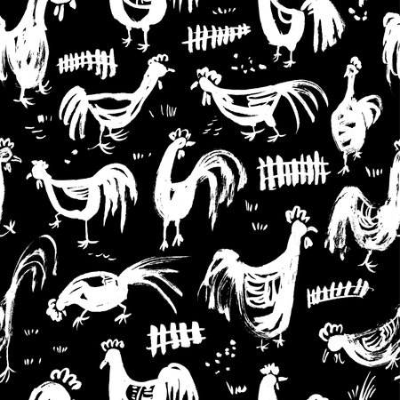 Seamless pattern with roosters. Ink artistic drawing with cocks and fence in rural scene. Vector illustration in doodle incomplete style with domestic chicken birds in black and whiteのイラスト素材