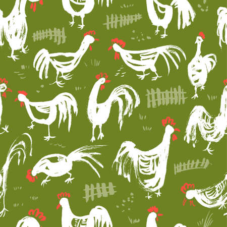 Seamless pattern with roosters. Ink artistic drawing with cocks and fence in rural scene. Vector illustration in doodle incomplete style with domestic chicken birdsのイラスト素材
