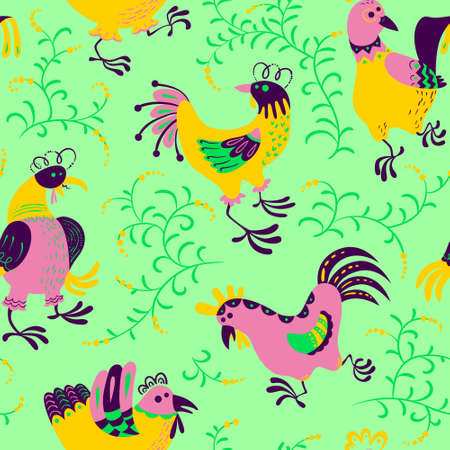 Seamless pattern with roosters. Cute decorative floral background with hen and chicken in ethnic colorfil style. Backdrop for textile and easter cardsのイラスト素材