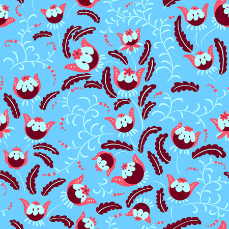 Abstract seamless floral pattern in a doodle style, vector decorative background. Design with fantazy plants for textille, wrapping paperのイラスト素材
