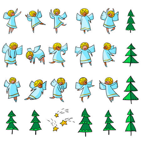 Cute icons set with angels. Dansing and flying line art religion myphology characters collection with stars and Christmas trees. Vector illustrationのイラスト素材