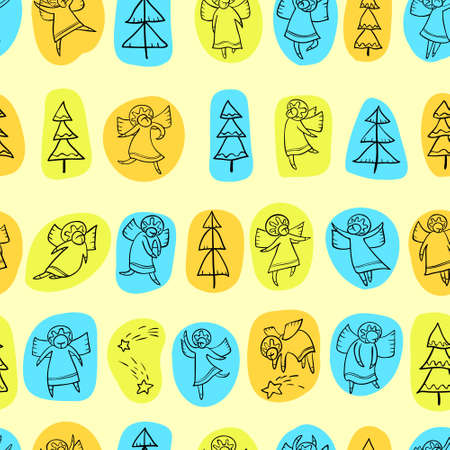 Seamless pattern with doodle dancing angels and pine trees and stars. Winter Christmas background with myphology religion characters. Line art design cartoon personages. Minimalistic green blue and white versionのイラスト素材
