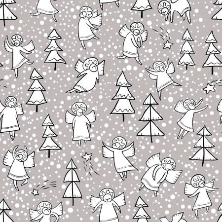 Seamless pattern with doodle dancing angels and pine trees and stars. Winter Christmas background with myphology religion characters. Line art design cartoon personages. Minimalistic monochrome versionのイラスト素材