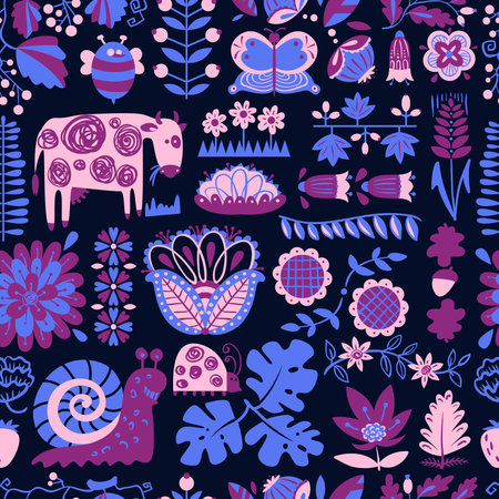 Floral seamless pattern with animals and insects. Background with abstract cartoon flat flowers and leaves, cow, snail, ladybird, butterfly. Design elements for wrapping and textileのイラスト素材