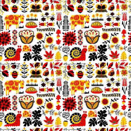 Floral seamless pattern with animals and insects. Background with abstract cartoon flat flowers and leaves, cow, snail, ladybird, butterfly. Design elements for wrapping and textileのイラスト素材