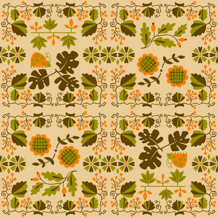 Floral seamless pattern with ladybird and vine. Geometrical background with flat cartoon plants and berries and flowers. Design elemenr for wrapping and textileのイラスト素材