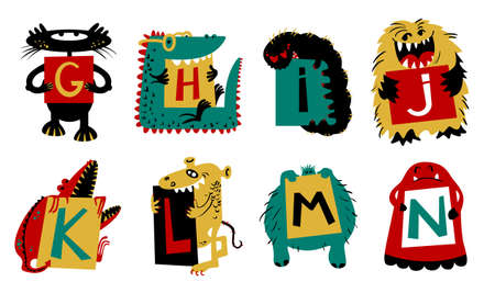 Kids alphabet with ?cute colorful monsters or insects. Funny fictional character with letters in their paws. Vector illustration for school and educationのイラスト素材