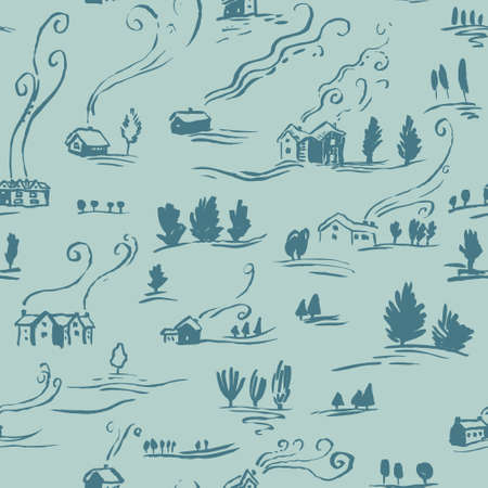 Hand drawn seamless pattern winter landscape with houses in doodle incomplete style. Artistic  illustration of country side. Design element for Christmas wrapping paper, cards and postersのイラスト素材