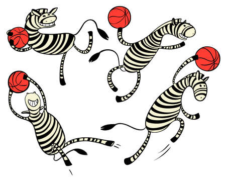 Basketball game set with doodle cute zebra player. Character with ball. Action poses. Vector illustrationのイラスト素材