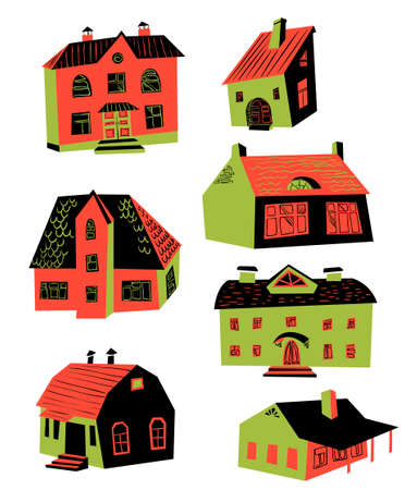 Cute vector illustration with doodle houses. Architecture drawing. Buildings with windows and roofs. Set with houses design elementsのイラスト素材