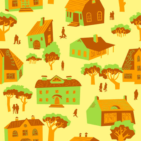 Seamless pattern with houses. Cute town vector illustration. Architecture background with doodle cute buildings and trees and people. Simply cartoon drawingのイラスト素材