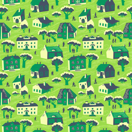 Seamless pattern with houses. Cute town vector illustration. Architecture background with doodle cute buildings and trees and people. Simply cartoon drawingのイラスト素材