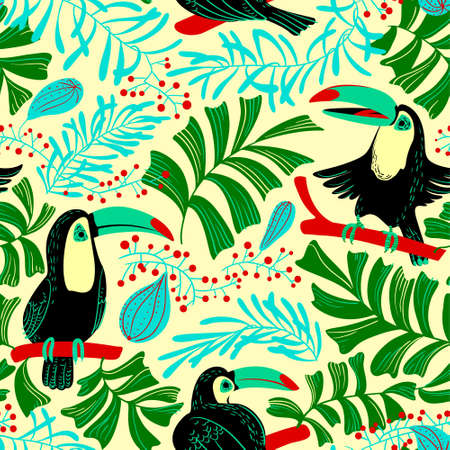 Tropical summer seamless pattern. Background with toucan birds and tropical plants and fruits. Colorful nature. Cartoon vector illustration for backdrop designのイラスト素材