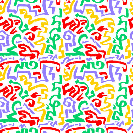 Abstract seamless pattern. Hand drawn artistic ink curves. Red, yellow and green colors background....