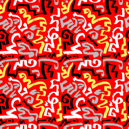 Abstract seamless pattern. Hand drawn artistic ink curves. Black, white and red colors background. Design element for textile and wrapping paperのイラスト素材