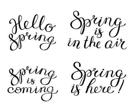 Hand drawn spring lettering composition. Calligraphic letters. Inspirational quotes. Hello Spring. Spring is in the air. Spring is comingのイラスト素材