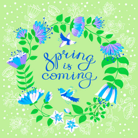 Spring is coming lettering inspirational quote. Floral wreath with flowers tulips and cute birds. Design element for seasonal backgrounds and cards. Vector illustrationのイラスト素材