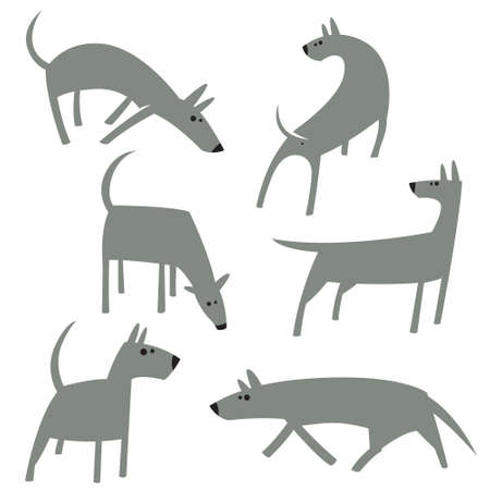 Cute simple dogs set. Cartoon dog characters in simple style. Standing, running and sniffing animals. Vector illustrationのイラスト素材