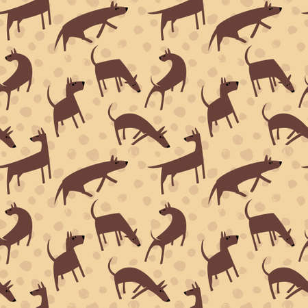 Seamless pattern with dogs. Simple vector style animals. Background with cute pets characters. Vector illustration. Brown colorsのイラスト素材