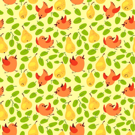 Seamless pattern with fresh yellow pears. Harvesting background with fruits and leaves and flying birds. Vector illustration in simple styleのイラスト素材