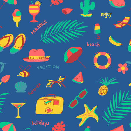 Seamless pattern with summer beach objects. Seasonal background. Vector illustration with umbrella, chair, cocktails, fruits, hat, cactus, watermelon, starfish, ice cream.のイラスト素材