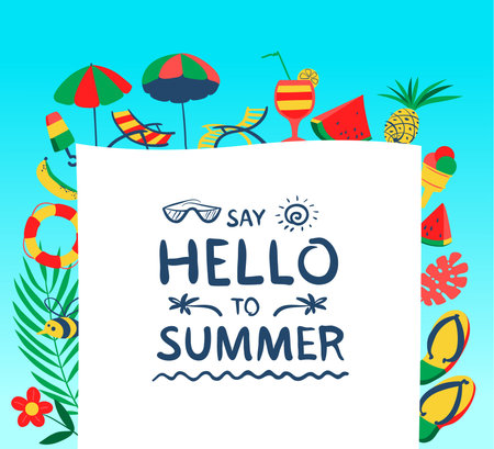 Summer background with beach objects. Vector illustration with fruits, ice cream, flip flop, and lifebuoy. Banner with Hello summer lettering. Seasonal backdropのイラスト素材