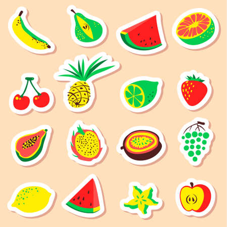 Tropical exotic fruits stickers set. Cute fresh organic fruits labels collection. Vector illustration of watermelon, cherry, pineapple, pear, maracuya, starfruit, banana, grape, papaya, line, lemonのイラスト素材