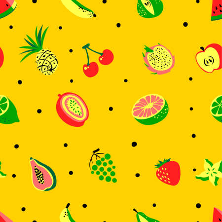 Tropical exotic fruits seamless pattern. Cute fresh organic fruits background. Vector illustration of watermelon, cherry, pineapple, pear, maracuya, starfruit, banana, grape, papaya, line, lemonのイラスト素材