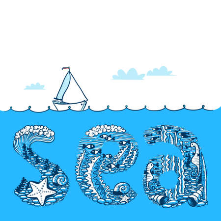 Summer background with waves and yacht. Sea doodle lettering composition with underwater life vector illustrationのイラスト素材