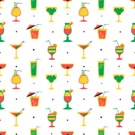 Seamless pattern with alcohol cocktails. Flat cartoon style tile background with drinks, juice and decorations in glasses with fruits. Vector illustration for beach summer party, wrapping, posters and backdropsのイラスト素材