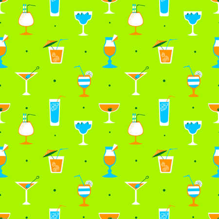 Seamless pattern with alcohol cocktails. Flat cartoon style tile background with drinks, juice and decorations in glasses with fruits. Vector illustration for beach summer party, wrapping, posters and backdropsのイラスト素材