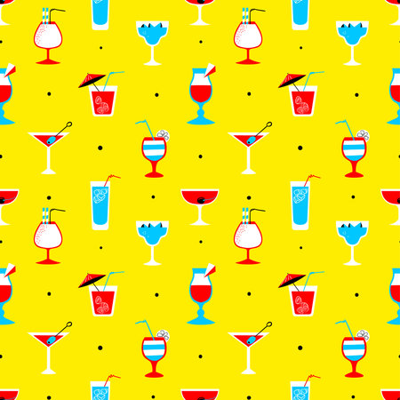 Seamless pattern with alcohol cocktails. Flat cartoon style tile background with drinks, juice and decorations in glasses with fruits. Vector illustration for beach summer party, wrapping, posters and backdropsのイラスト素材