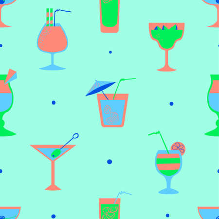 Seamless pattern with alcohol cocktails. Flat cartoon style tile background with drinks, juice and decorations in glasses with fruits. Vector illustration for beach summer party, wrapping, posters and backdropsのイラスト素材