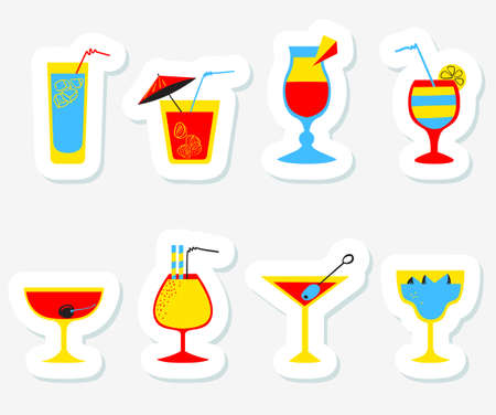 Stickers set with alcohol cocktails. Flat cartoon style collection of tags with drinks, juice and decorations in glasses with fruits. Vector illustration for beach summer party, cocktail designsのイラスト素材