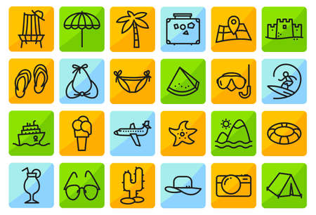 Summer beach icons set in line thin and simply style. Pictogram with recreation, travel and vacation objects. Vector illustrations collection with airplane, ship, fruits, camping tent, laggage, palm, idyllic landscape, ice cream, cocktailsのイラスト素材