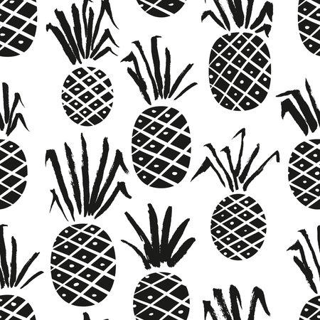 Pineapple seamless pattern. Background with summer fresh fruits with hand ink drawn leaves. Vector...
