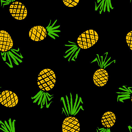 Pineapple seamless pattern. Background with summer fresh fruits with hand ink drawn leaves. Vector natural illustration for seasonal wrapping, cards, textileのイラスト素材